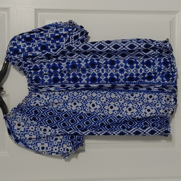 Jones New York Blue Patterned Women's XL Top Puff Sleeve Tassels Elastic Hem - Picture 7 of 8